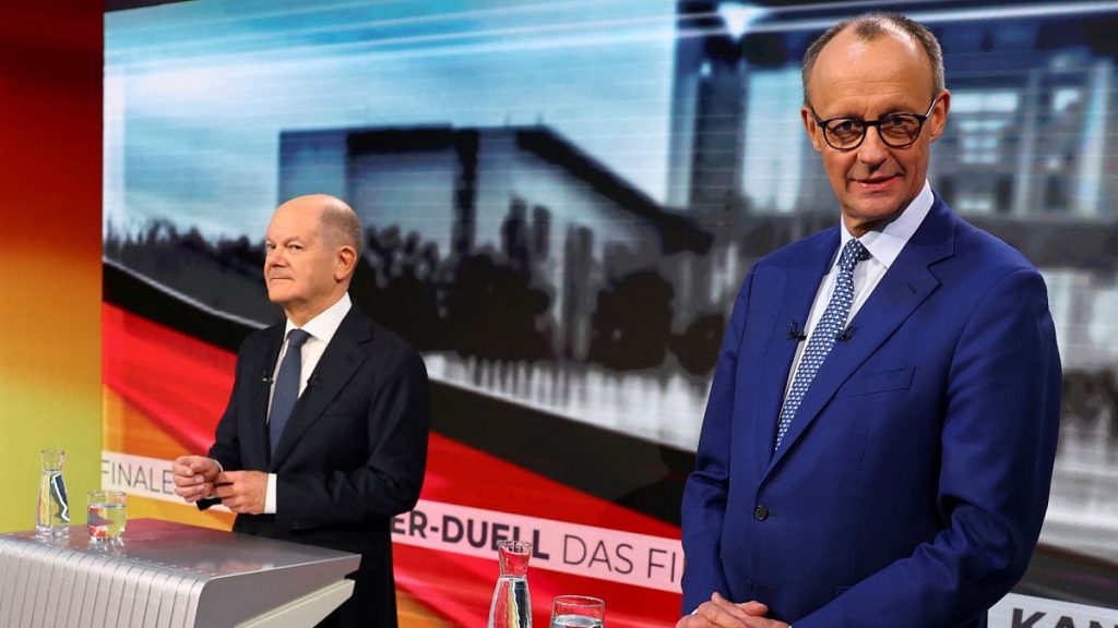Olaf Scholz and Friedrich Merz are pictured in tv studio ahead of a debate in Berlin, Germany, Wednesday, Feb. 19, 2025.