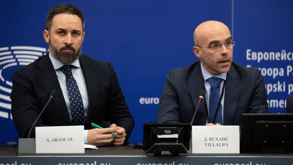 Santiago Abascal and MEP Jorge Buxade in the European Parliament, 2020.