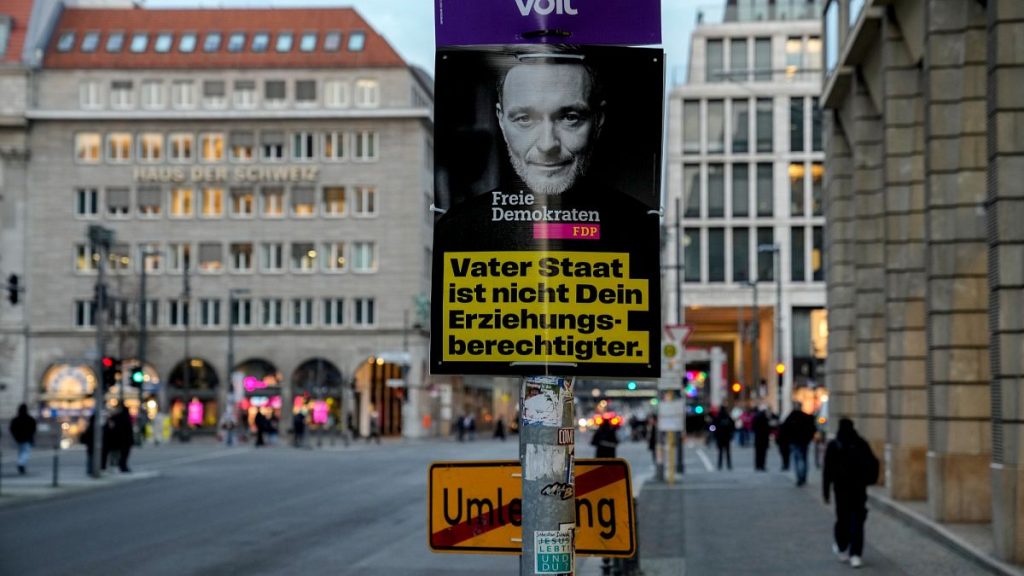 An election poster of FDP top candidate and former finance minister Christian Lindner on display prior to the upcoming German federal elections, in Berlin, 13 January 2025