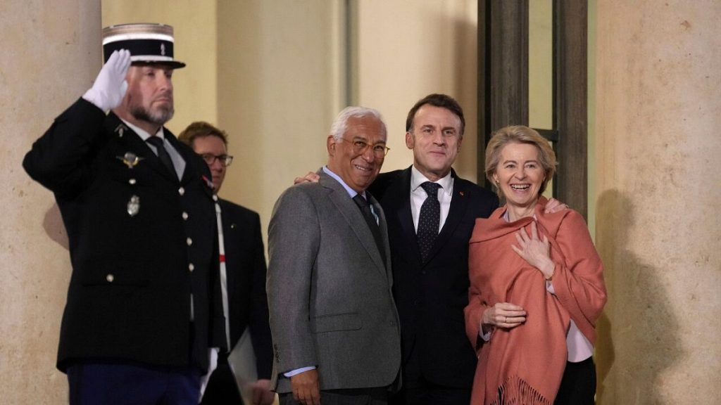 French President Emmanuel Macron, center, speaks with European Council President Antonio Costa, left, and European Commission President Ursula von der Leyen, 17 February 2025.