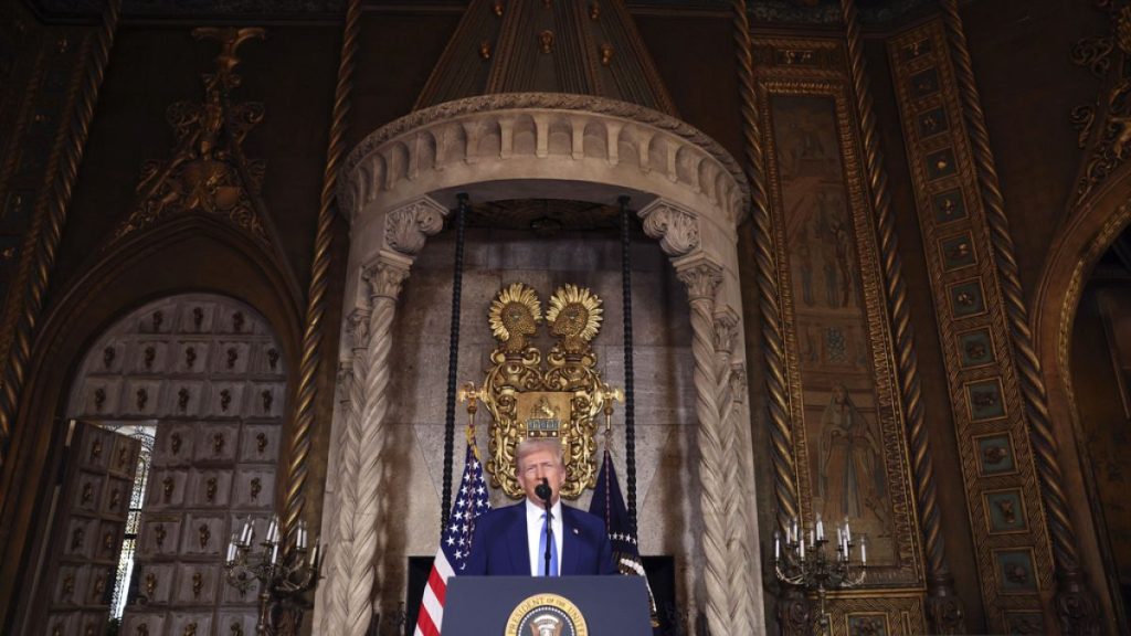 The president of the United States Donald Trump speaks at Mar-a-Lago in Palm Beach, Fla. on Tuesday, Feb. 18, 2025.