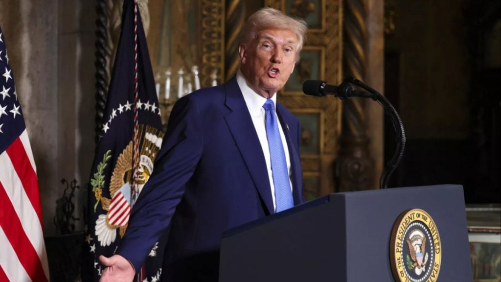 President Donald Trump speaks to the media at Mar-a-Lago, 18 February 2025