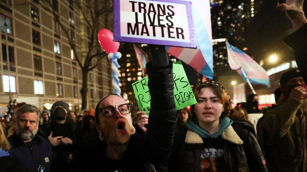 Protesters march during a rally demanding that NYU Langone commit to providing gender-affirming care for transgender youth, Monday, 3 Feb 2025