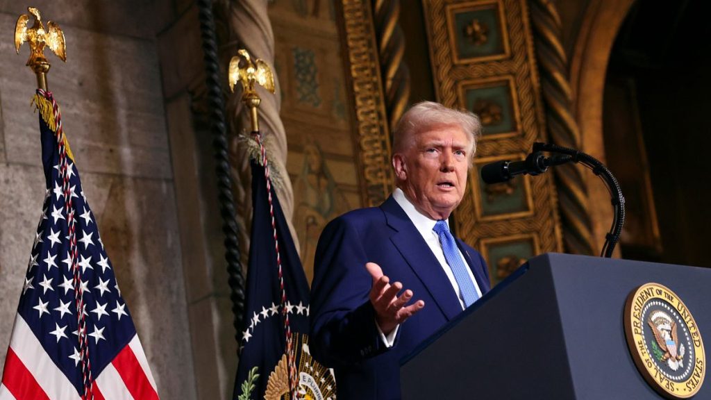 President Donald Trump speaks at Mar-a-Lago in Palm Beach, Fla., Tuesday, Feb. 18, 2025.