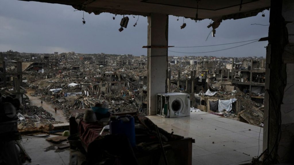The destruction caused by the Israeli air and ground offensive is seen from a destroyed building in Jabaliya, Gaza Strip, Thursday, Feb. 6, 2025.