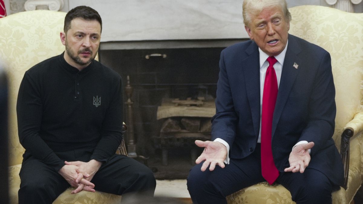 President Donald Trump, right, meets with Ukrainian President Volodymyr Zelenskyy in the Oval Office at the White House, Friday, Feb. 28, 2025, in Washington
