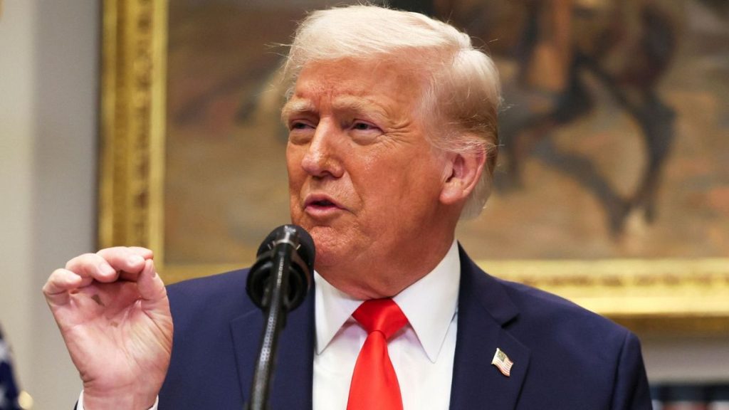 President Donald Trump speaks in the Roosevelt Room of the White House in Washington.