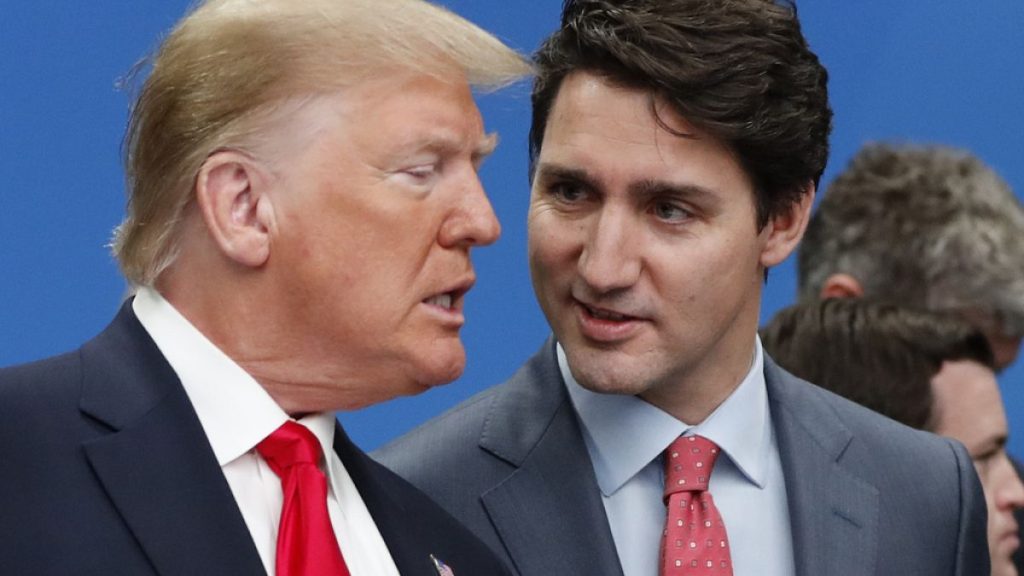 U.S. President Donald Trump and Canadian Prime Minister Justin Trudeau talk prior to a NATO round table meeting at The Grove hotel and resort in Watford, England, Dec 4, 2019