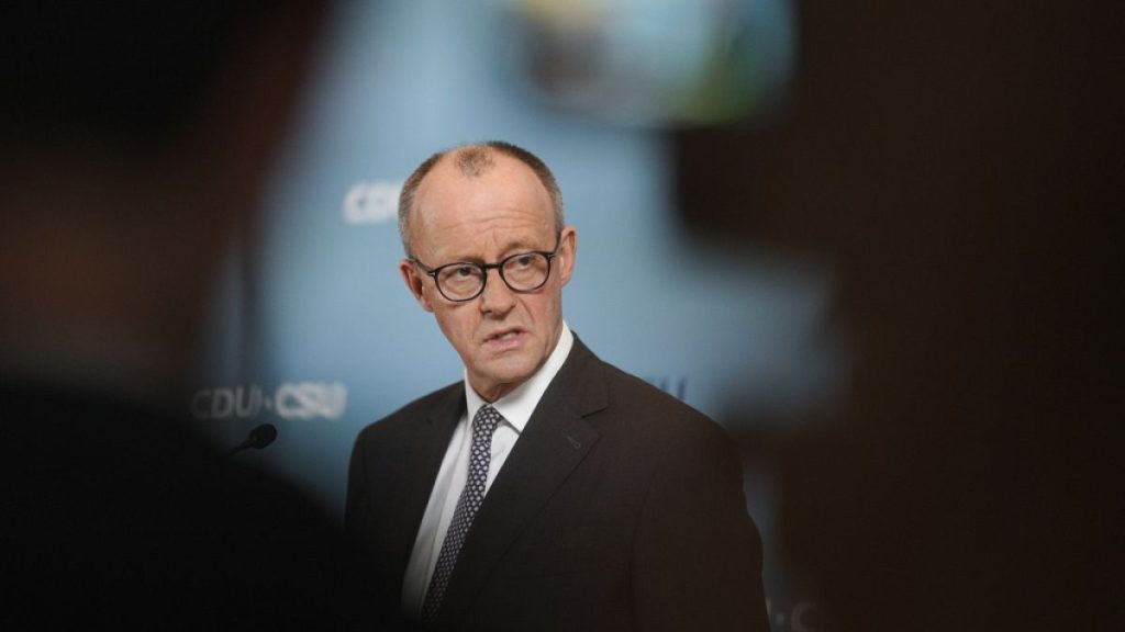 CDU leader Friedrich Merz speaks to media representatives before a parliamentary group meeting in the Bundestag in Berlin on 25 February 2025.