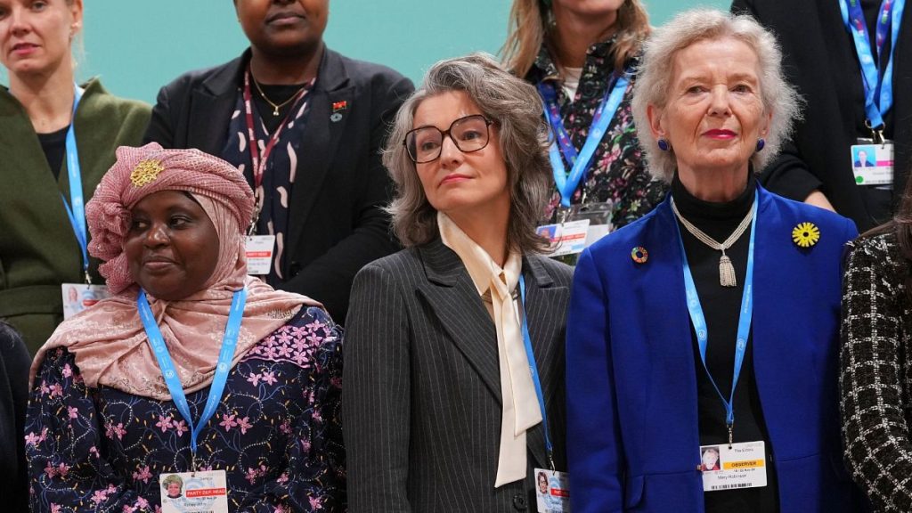 Gambia Climate Minister Rohey John, Estonia climate minister Yoko Alender, and former Ireland President Mary Robinson at a photo opportunity with other women leaders at CO29.