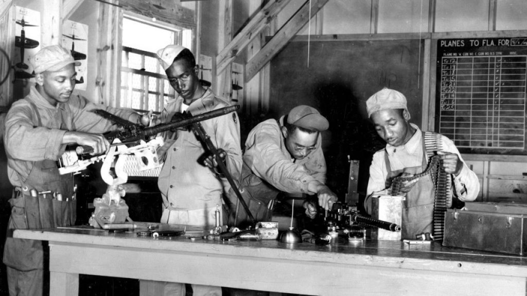 In this image provided by the U.S. Air Force, armourers and other ground personnel undergo training at Chanute Field, Ill., during World War II