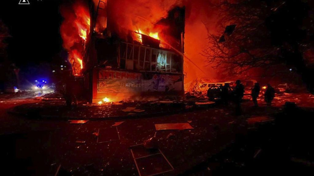 firefighters put out the fire following a Russian rocket attack in Dobropillya, Donetsk region, Ukraine, Saturday, March 8, 2025.