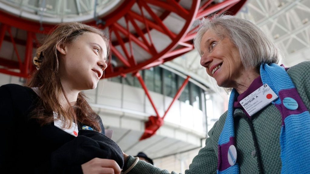 Swiss member of Senior Women for Climate Rosmarie Wydler-Walti talks to Swedish climate activist Greta Thunberg after the ruling last April.