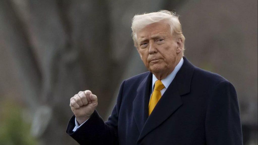 President Donald Trump pumps his fist before departing on Marine One from the South Lawn of the White House, Friday, March 7, 2025, in Washington