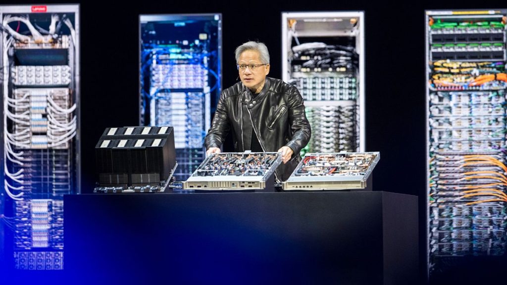 CEO Jensen Huang talks during the keynote address of Nvidia GTC Tuesday, March 18, 2025, in San Jose, Calif.