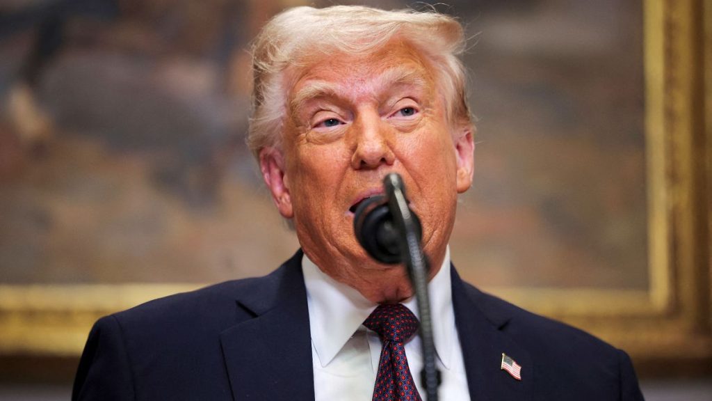 President Donald Trump delivers remarks in the Roosevelt Room at the White House in Washington, Monday, March 24, 2025. (Pool via AP)