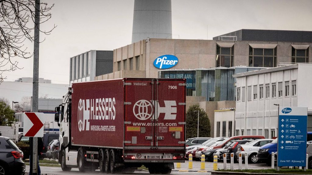 A truck enters the manufacturing site of US pharmaceutical company Pfizer in Puurs, Belgium.