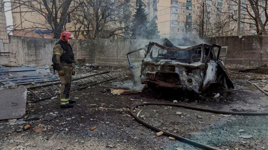 In this photo provided by the Ukrainian Emergency Service, firefighters put out the fire following a Russian missile attack in Kryvyi Rih, Ukraine, Saturday, March 29, 2025.