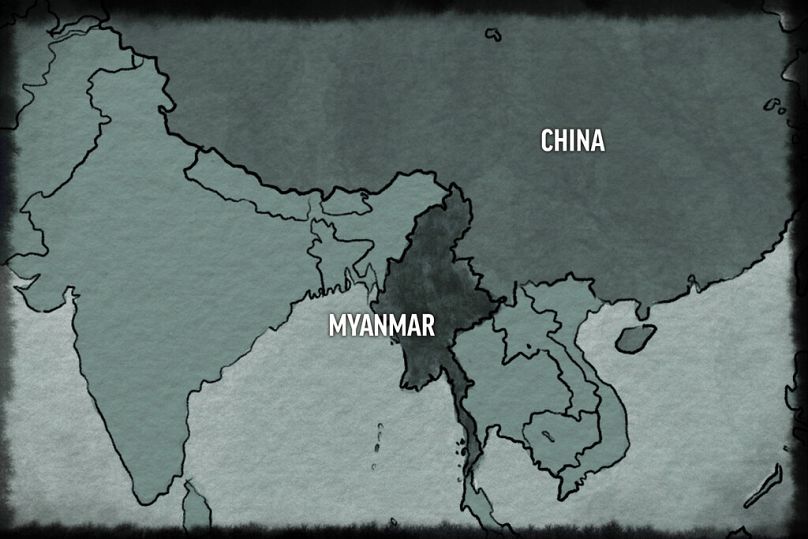 Une carte représentant l'emplacement du Myanmar à côté de la Chine.