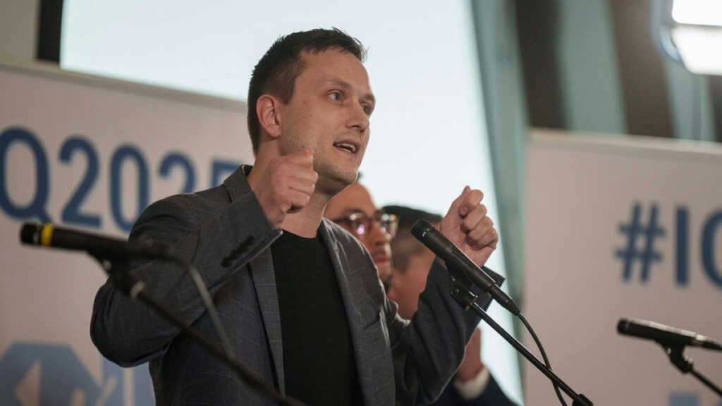 Jens-Frederik Nielsen, leader of the Demokraatit party participates a TV debates before the upcoming elections in Nuuk, Greenland, March 8, 2025.