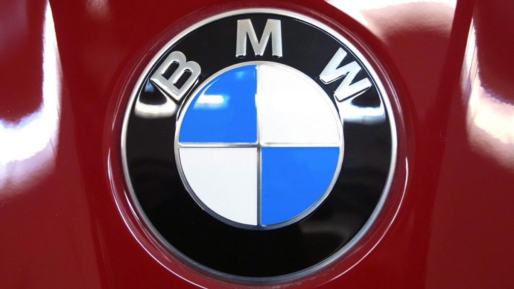 This the BMW logo on a BMW M5 automobile on display at the Pittsburgh International Auto Show in Pittsburgh, Feb. 14, 2025.