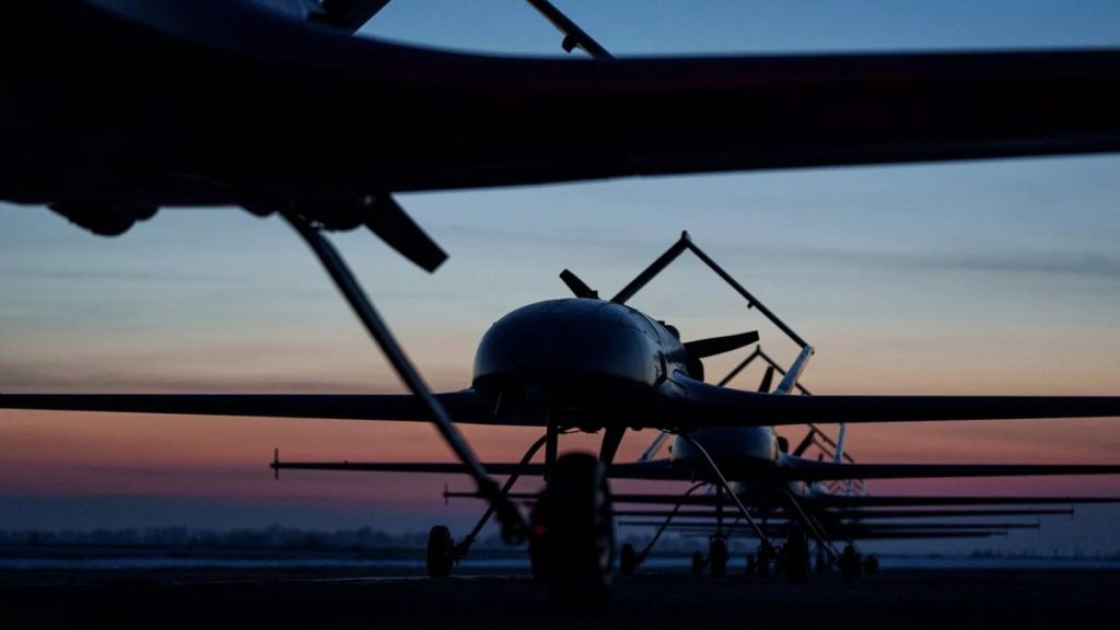 Long-range drones stand in line before takeoff in undisclosed location, Ukraine, Feb. 28, 2025.