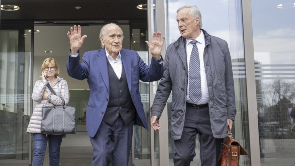 Ex-FIFA President Sepp Blatter, centre, and his lawyer Lorenz Erni, right, after the verdict at the special appeals court, in Muttenz, Switzerland, Tuesday, March 25, 2025