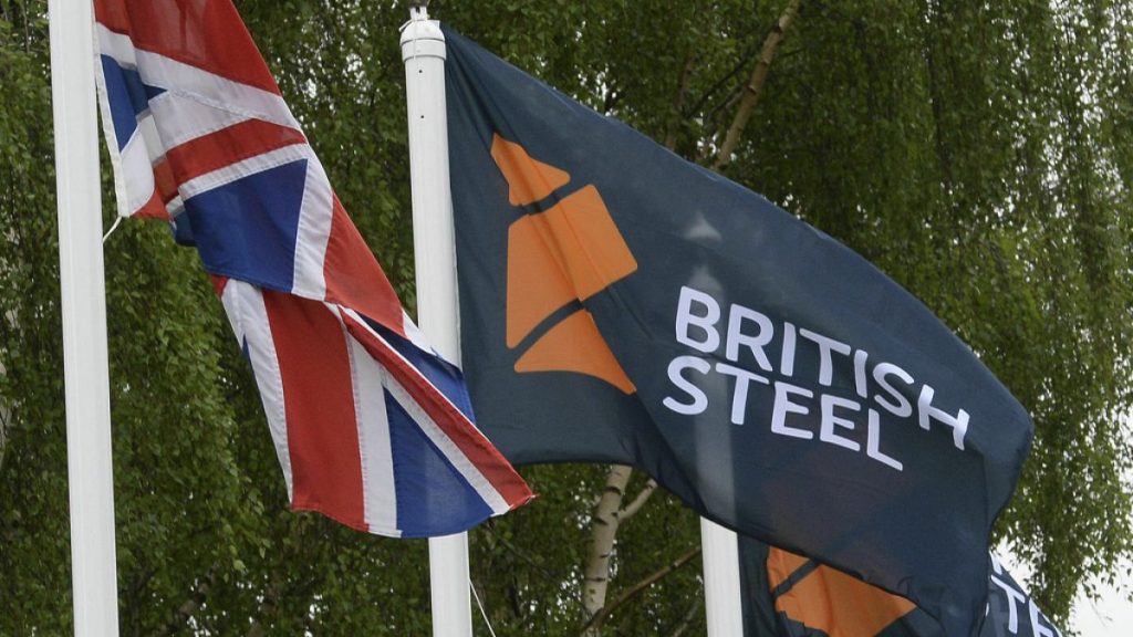 A flag with a British Steel logo at the entrance to the steelworks plant in Scunthorpe, England, June 1, 2016.