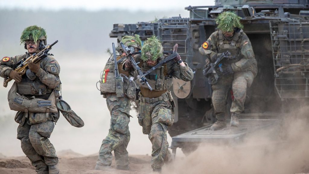 German soldiers take part in the Lithuanian-German division-level international military exercise in Pabrade, north Vilnius, Lithuania on May 29, 2024.