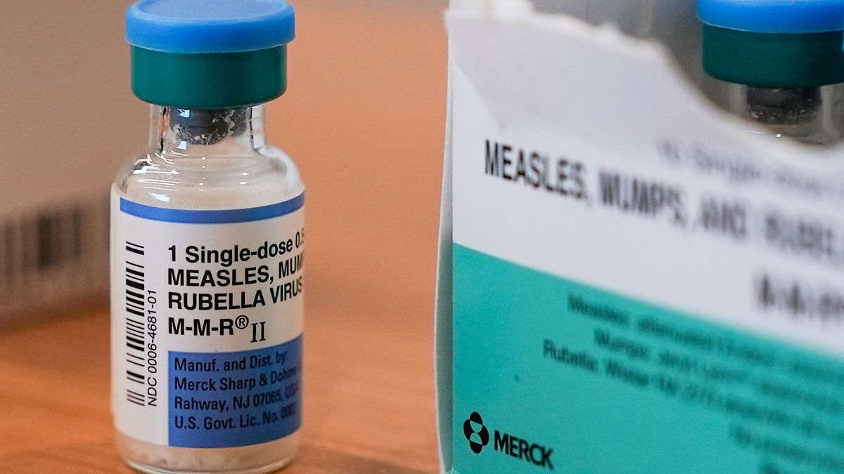 FILE - A vial of the measles, mumps and rubella vaccine is on display at the Lubbock Health Department Wednesday, Feb. 26, 2025, in Lubbock, Texas.