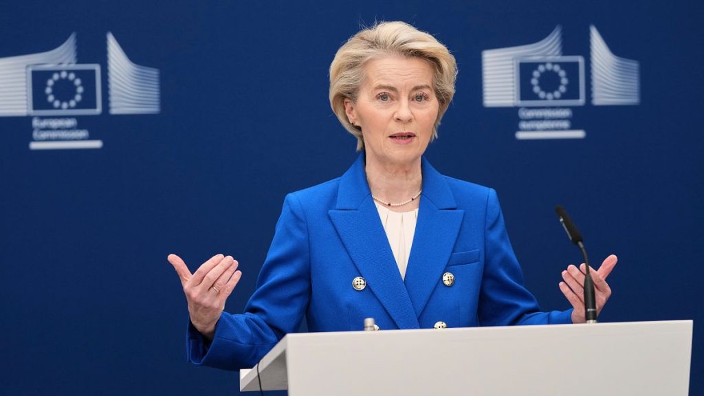 EU Commission president Ursula von der Leyen presenting the defence package in Brussels.