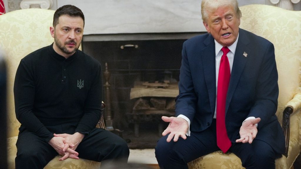 President Donald Trump, right, meets with Ukrainian President Volodymyr Zelenskyy in the Oval Office at the White House, Washington, 28 February 2025.