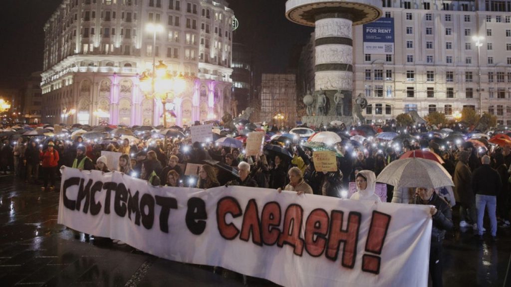 Protesters at a rally for the victims of a massive nightclub fire in the town of Kocani, in Skopje, North Macedonia, Monday, March 24, 2025