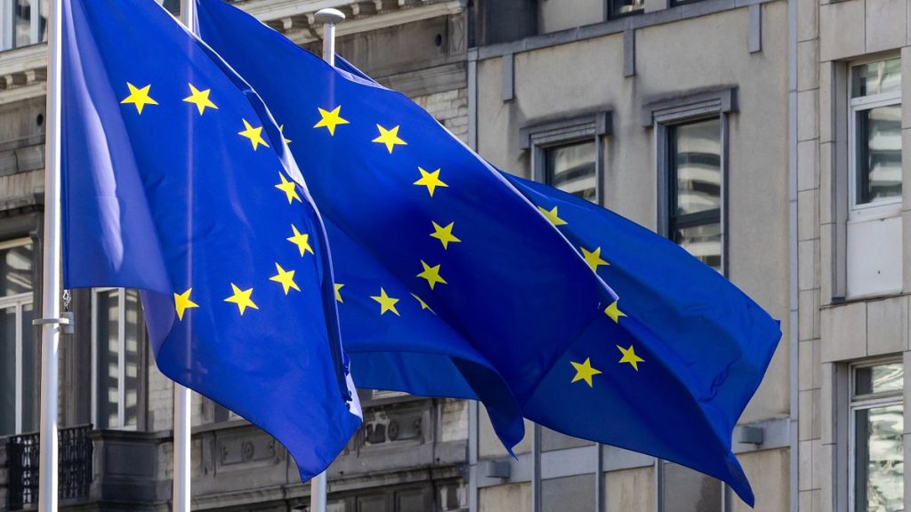 European Union flags flap in the wind ahead of an EU summit in Brussels, 27 Junes, 2024