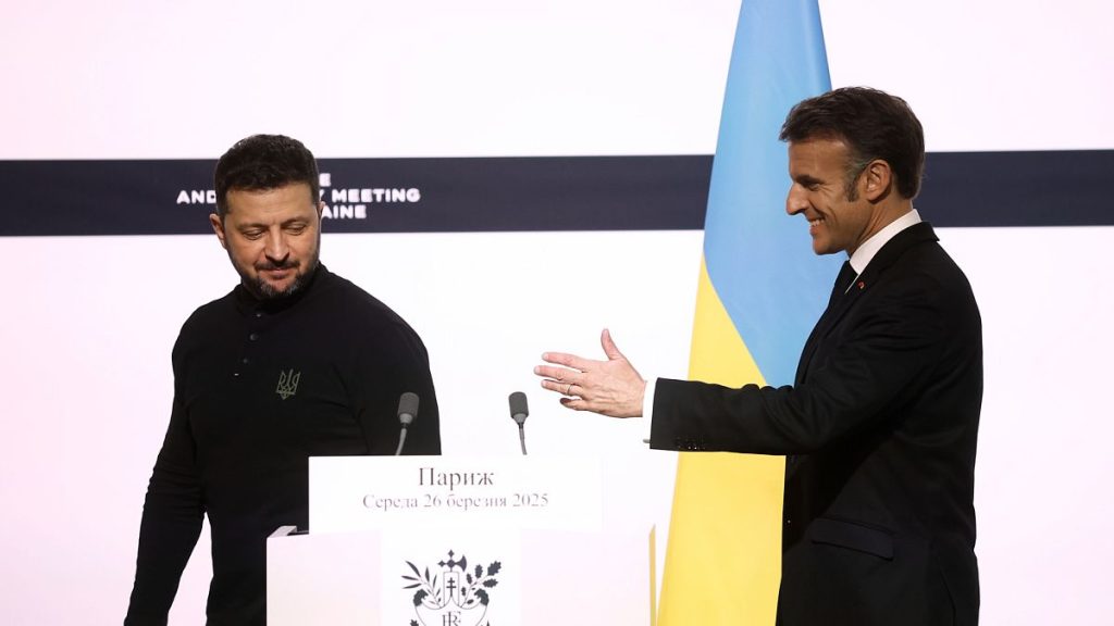 Ukrainian President Volodymyr Zelenskyy and French President Emmanuel Macron leave a joint press conference in Paris, 26 March, 2025