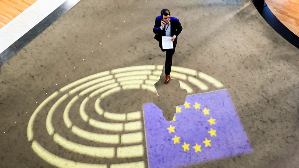 A man walks inside the European Parliament, Wednesday, Jan. 22, 2025 in Strasbourg, eastern France.