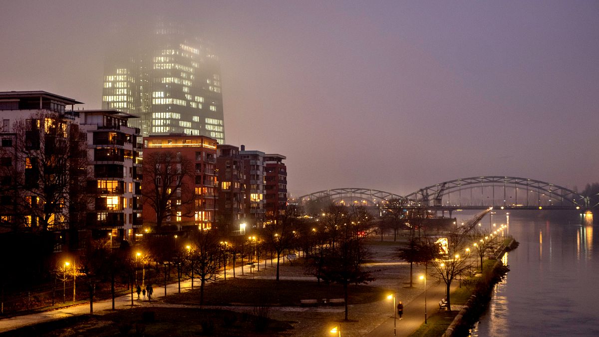 The top of the European Central Bank disappears in the fog in Frankfurt, Germany. 18 December 2023.