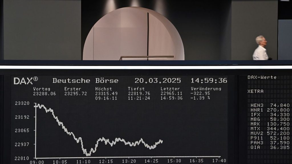 The display board with the Dax curve in the trading hall of the Frankfurt Stock Exchange, Germany. 20 March 2025.