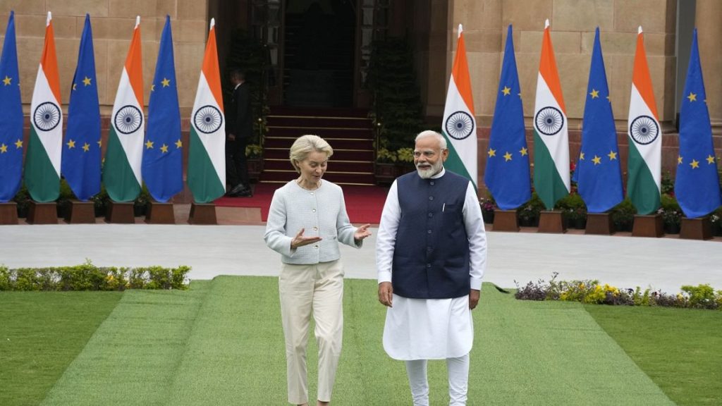 Indian Prime Minister Narendra Modi, right, talks with European Commission President Ursula von der Leyen in New Delhi.