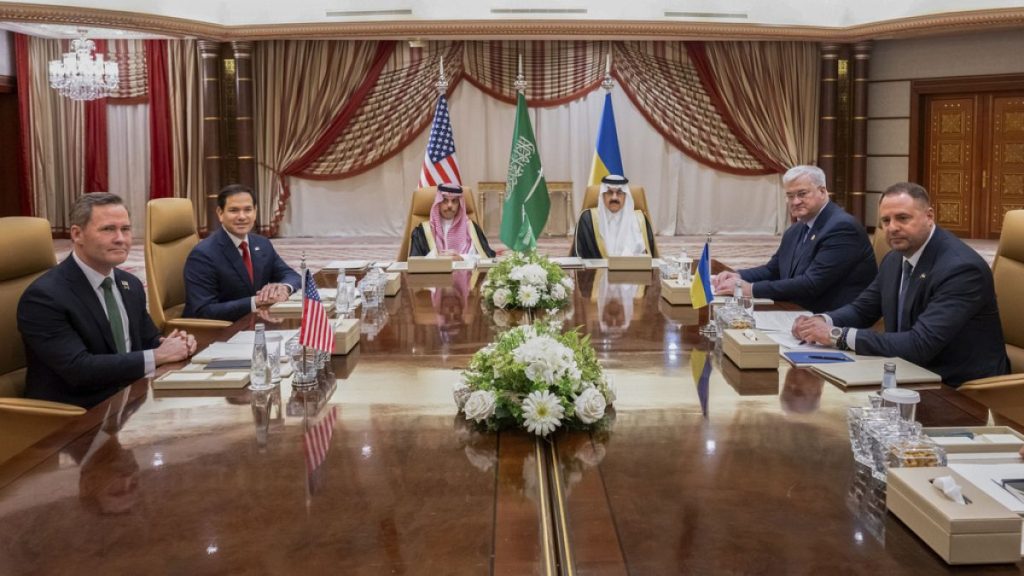 From left, US National Security Advisor Mike Waltz, US Secretary of State Marco Rubio, Saudi Foreign Minister Prince Faisal bin Farhan Al Saud, Saudi National Security Advisor