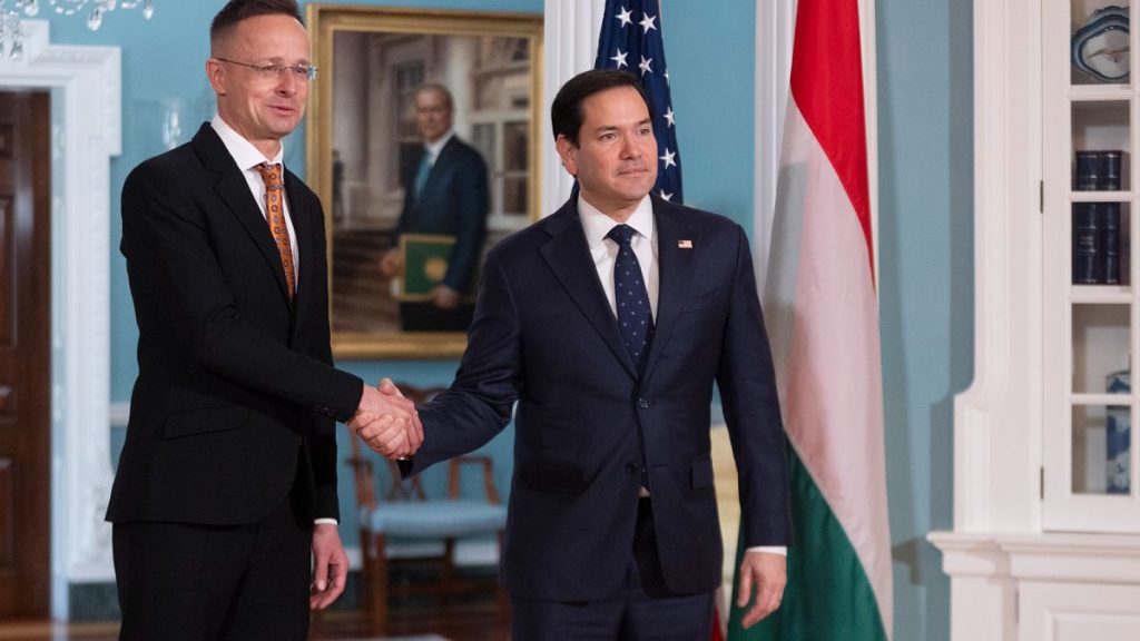 Secretary of State Marco Rubio, right, greets Hungarian Foreign Minister Péter Szijjártó in the Treaty Room at the State Department in Washington, Tuesday, March 4, 2025. (AP