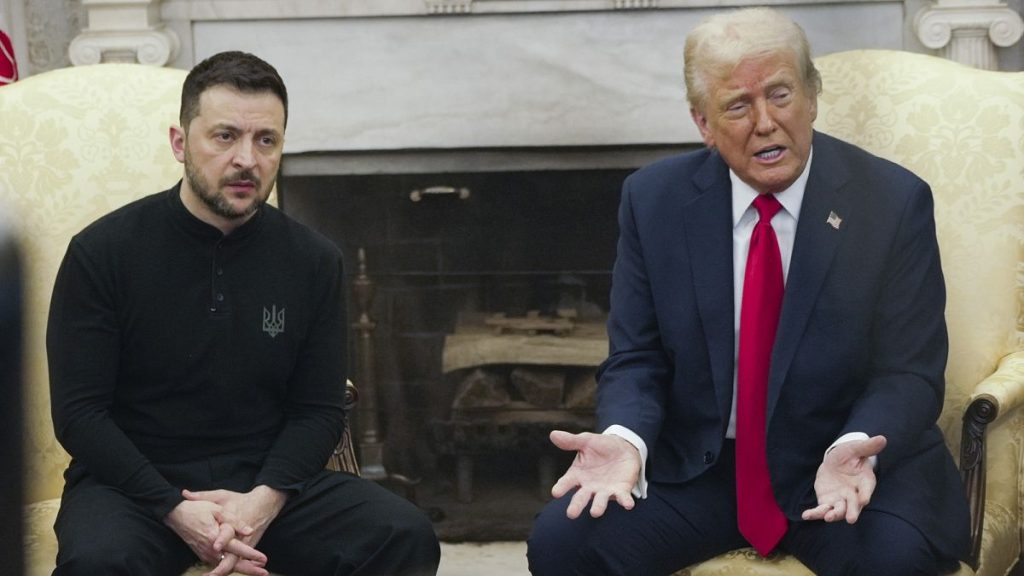 President Donald Trump, right, meets with Ukrainian President Volodymyr Zelenskyy in the Oval Office at the White House. 28 Feb 2025.