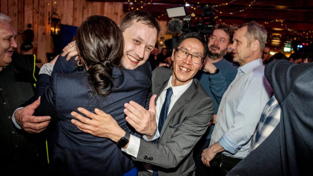 Chairman of Demokraatit, Jens-Frederik Nielsen, during the election party at Demokraatit by cafe Killut in Nuuk, early Wednesday, March 12, 2025.
