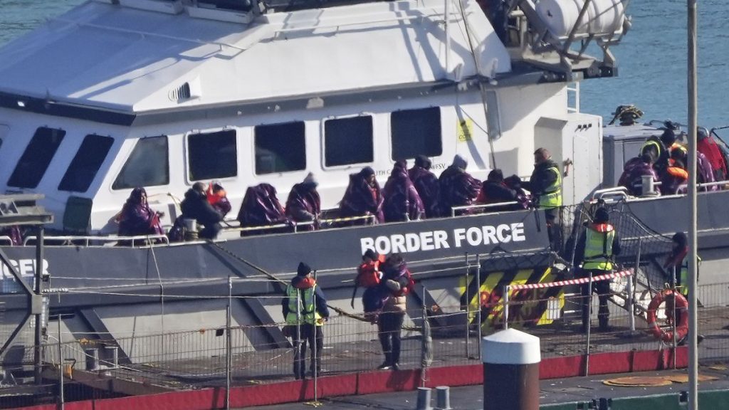 A group of people thought to be migrants are brought in to Dover, Kent, from a Border Force vessel following a small boat incident in the Channel, England, 3 March 2025.