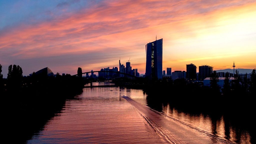 The sun sets behind the European Central Bank in Frankfurt, Germany. 20 May, 2024.