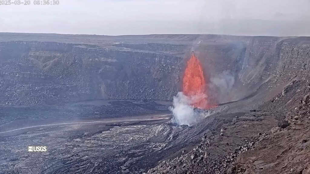 Lava fountains shoot up during the March 20, 2025 episode in the ongoing eruption of Kilauea.