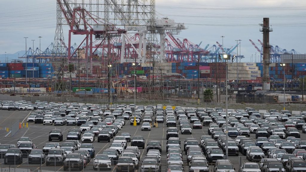 New Toyota vehicles are stored at the Toyota Logistics Service Inc., their most significant vehicle imports processing facility in North America. California. 26 March 2025.
