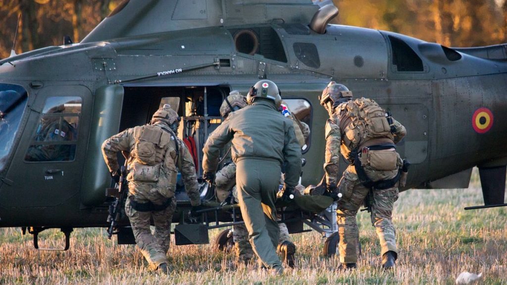 Soldiers from the Belgian Special Forces perform a mock medical evacuation during a  military training exercise in Rosse, Belgium in November 2016.
