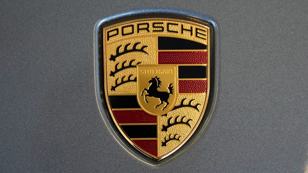 File photo of the Porsche logo on a Porsche automobile on display at the Pittsburgh International Auto Show in Pittsburgh, Feb. 14, 2025.