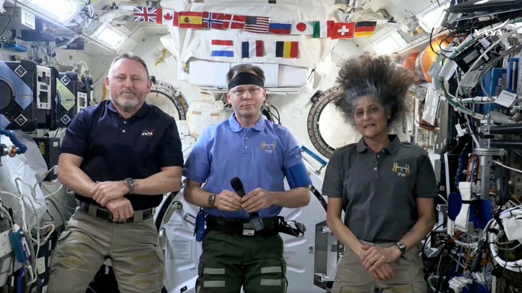This image taken from video posted by NASA shows, from left, Butch Wilmore, Nick Hague and Suni Williams speaking during a news conference, Tuesday, March 4, 2025.